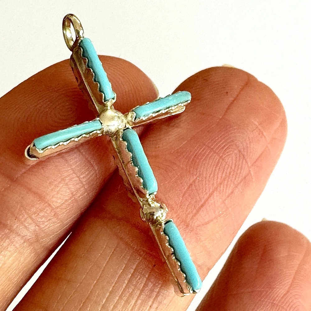 Reversible Zuni Cross Pendant Turquoise Coral Needlepoint Sterling Religious